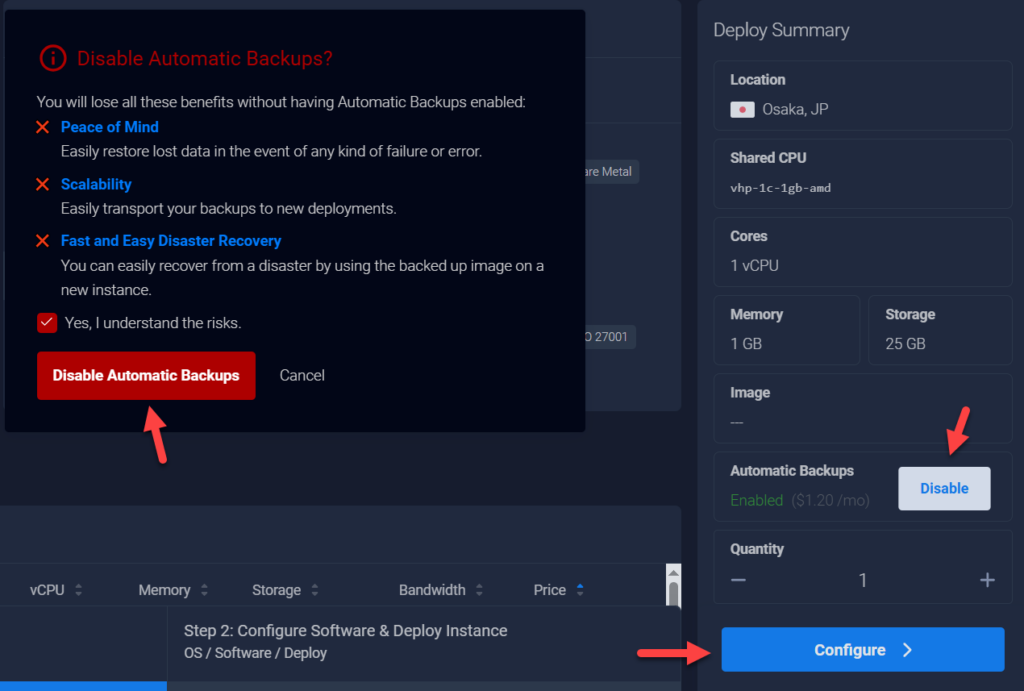 Vô hiệu hóa tính năng backup VPS