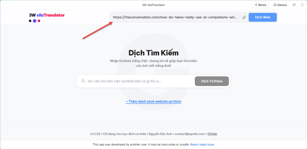 Nhập địa chỉ website cần dịch